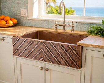 Hand Hammered Copper Farmhouse Sink – Chevron Apron, Moroccan Artisan