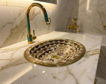 Handmade Resin Oval Sink with Patina Brass Faucet | Moroccan Artisan Design