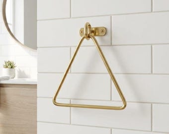 Triangle Brass Towel Ring, Minimal Wall Towel Holder, Modern Gold Bathroom Hardware