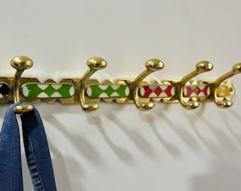 Handmade Moroccan Brass Wall Hook Rack – Ceramic Inlay, Boho Decor