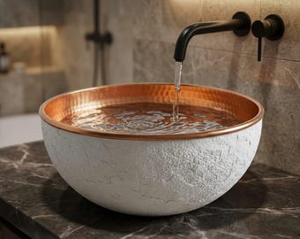 Handmade Copper Bathroom Vessel Sink, Round White Textured Exterior, Boho Vanity Basin