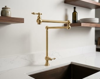 Unlacquered Brass Pot Filler Faucet – Deck Mount Dual Joint Folding Kitchen Tap