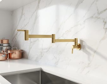 Handcrafted Solid Brass Pot Filler Faucet, Luxury Gold Wall Mount Kitchen Tap, Unlacquered Brass Folding Spout, Modern Heritage Stove