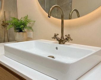 Solid Brass Gooseneck Faucet with Cross Handles – Luxury Bathroom Sink Tap, Vintage Brass Mixer