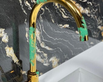 Handmade Brass Gooseneck Faucet – Turquoise Patina, Luxury Bathroom Tap