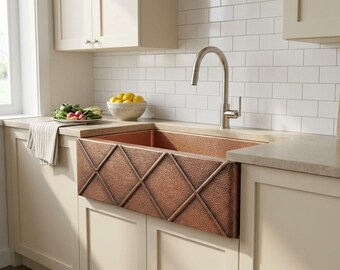 Hand Hammered Copper Farmhouse Sink – Diamond Apron Front, Artisan Kitchen