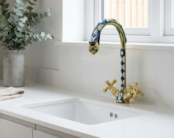 Handmade Brass & Resin Faucet – Moroccan Cross Handle Bathroom Tap