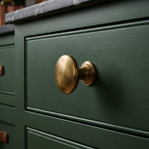 Può includere: Primo piano di un mobile da cucina verde scuro con una manopola dorata a forma ovale. L'armadio ha un design rettangolare con un piano di lavoro in marmo. Altri utensili da cucina color rame sono visibili sullo sfondo.