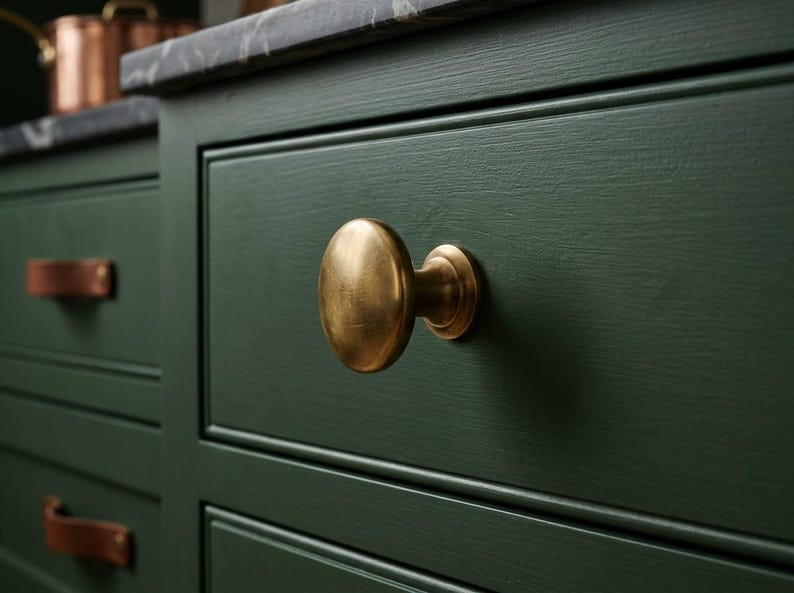 K&ouml;nnte beinhalten: Nahaufnahme eines dunkelgr&uuml;nen K&uuml;chenschranks mit einem goldfarbenen, oval geformten Knauf. Der Schrank hat ein rechteckiges Design mit einer Marmorarbeitsplatte. Im Hintergrund sind weitere kupferfarbene K&uuml;chenutensilien zu sehen.