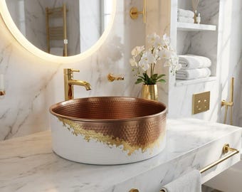 Hammered Copper Vessel Sink, Gold Patina Finish, Artisan Bathroom Bowl Basin