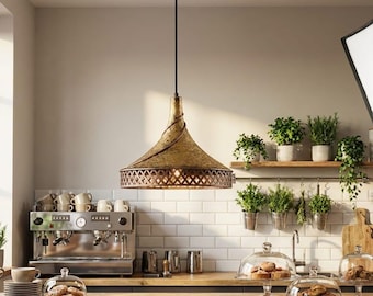 Moroccan Gold Patina Pendant Lamp, Boho Cone Hanging Light, Rustic Kitchen Island Light