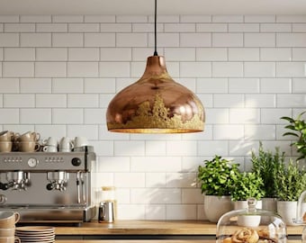 Copper & Gold Patina Pendant Light, Rustic Industrial Hanging Lamp, Kitchen Island Ceiling Light