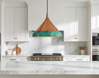 Copper & Teal Patina Pendant Lamp, Verdigris Cone Hanging Light, Kitchen Island Ceiling Fixture