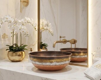 Luxury Hammered Copper Vessel Sink – Artisan Rustic Bathroom Basin – Antique Patina Countertop Vanity Sink