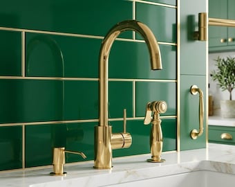 Modern Polished Gold Kitchen Faucet Set - Gooseneck Pull-Down Tap with Matching Soap Dispenser & Side Sprayer - Luxury Brass Fixture