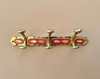 Handmade Moroccan Brass Hook Rack – Red & White Inlay, Boho Decor