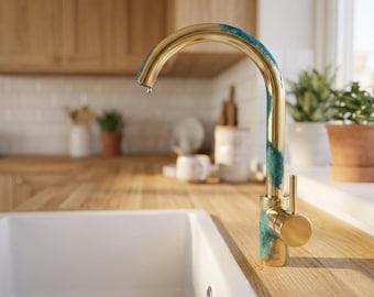 Handmade Brass Faucet with Turquoise Patina | Luxury Vanity Mixer Tap