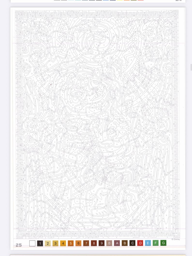 May include: A detailed paint-by-numbers canvas with a complex, abstract design. The image is divided into numerous numbered sections, ready to be filled with corresponding colors. A color key is provided at the bottom, with numbers and letters representing different hues.