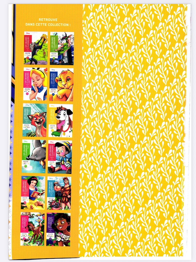 May include: A collection of children's books with colorful covers featuring classic Disney characters. The books are displayed on a yellow background with white floral patterns. The text "RETROUVE DANS CETTE COLLECTION" is visible.
