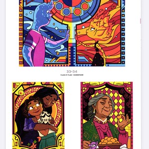 May include: Colorful illustrations from the movie Encanto. The top image features two characters in front of stained-glass-like backgrounds. The bottom images show Mirabel and Isabela, and Abuela Alma. Text includes "33-34", "35", and "36".
