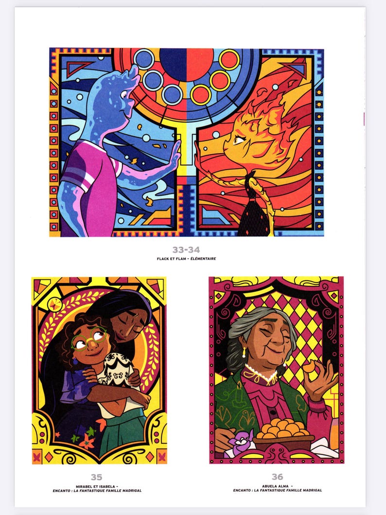 May include: Colorful illustrations from the movie Encanto. The top image features two characters in front of stained-glass-like backgrounds. The bottom images show Mirabel and Isabela, and Abuela Alma. Text includes "33-34", "35", and "36".
