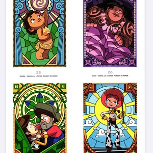 May include: Four colorful stained-glass style illustrations featuring characters from animated movies. The images include Moana, Maui, Woody and Jessie. Each image has a decorative border and text at the bottom.