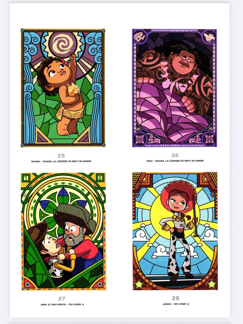 May include: Four colorful stained-glass style illustrations featuring characters from animated movies. The images include Moana, Maui, Woody and Jessie. Each image has a decorative border and text at the bottom.
