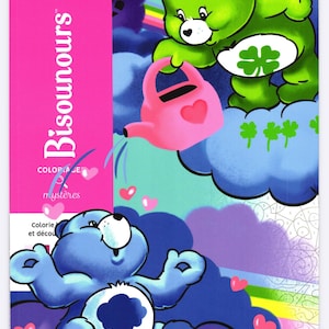May include: A colorful illustration featuring two cartoon bears, one green and one blue, with a pink watering can and heart-shaped accents. The image includes text that reads "Les Bisounours" and "Coloriage mystères". The overall theme is a children's coloring book.
