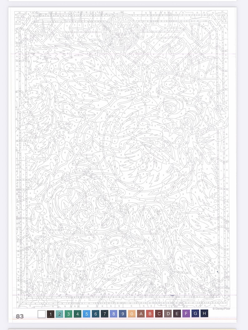 May include: A paint-by-numbers canvas with a detailed, abstract design. The image is divided into numbered sections, with a color key at the bottom. The design features intricate patterns and shapes, ready for painting.