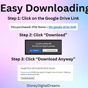 May include: A guide titled "Easy Downloading" with instructions for downloading files from Google Drive. The steps include clicking a link, downloading, and downloading anyway. The background is a gradient of blue and purple.