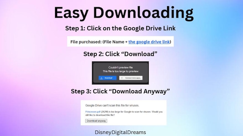 May include: A guide titled "Easy Downloading" with instructions for downloading files from Google Drive. The steps include clicking a link, downloading, and downloading anyway. The background is a gradient of blue and purple.