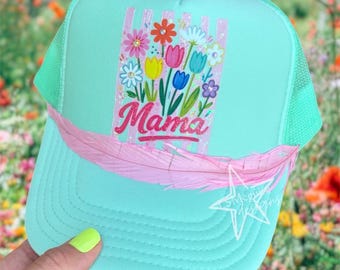 Floral Mama Pink Feather Mint Trucker Hat