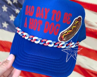 Bad Day To Be A Hotdog Funny American Blue & Red Trucker Hat
