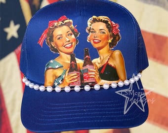 Vintage American Fourth Of July Memorial Day Trucker Hat with Pearl Chain
