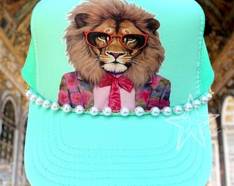 Fashion Lion Funky Animals Vibrant Mint Trucker Hat