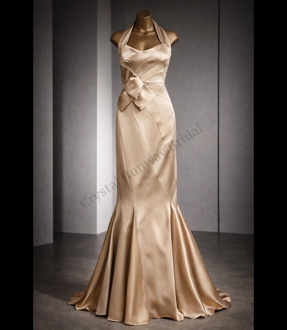 karen millen champagne dress Karen Millen Champagne Satin Halter Mermaid Gown UK 12— Unworn With Tags |  Golden Era Icon