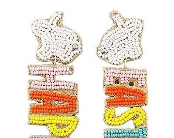 Happy Easter with Bunnies Multi Colored Beaded Earrings