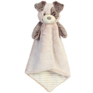 May include: A brown and white plush dog security blanket with a striped underside. The dog has a brown nose and black eyes.