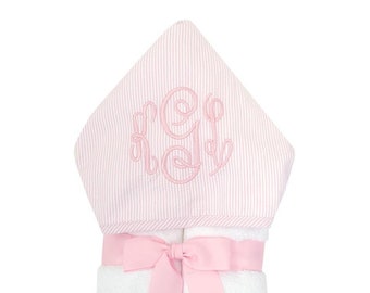 Personalized Pink Seersucker Stripe Everykid Hooded Towel by 3 Marthas for Newborn to Toddler