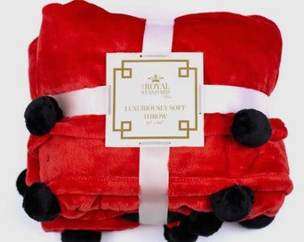 Personalized Red & Black Cozy Pom Pom Throw Blanket by The Royal Standard