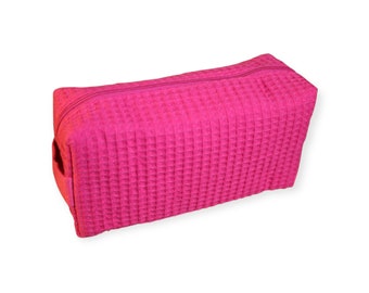 Personalized Fuchsia Hot Pink Small Waffle Weave Cosmetic Bag for Toiletries & Makeup