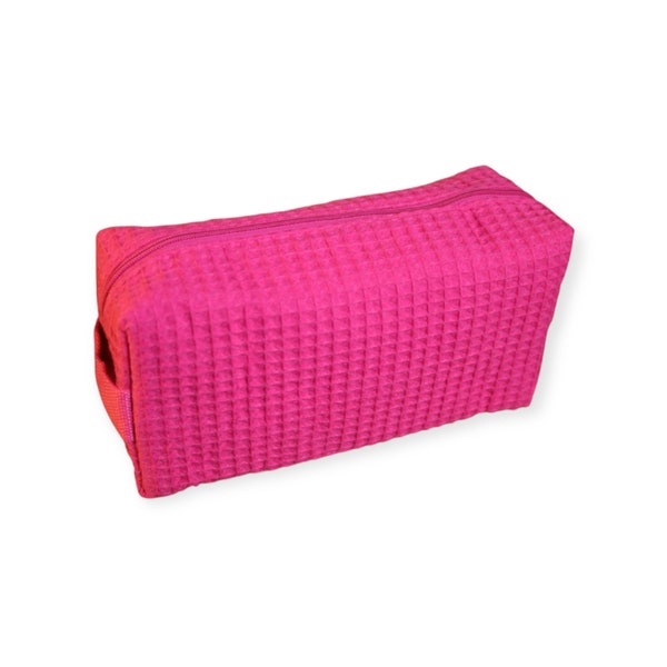 Personalized Fuchsia Hot Pink Small Waffle Weave Cosmetic Bag for Toiletries & Makeup