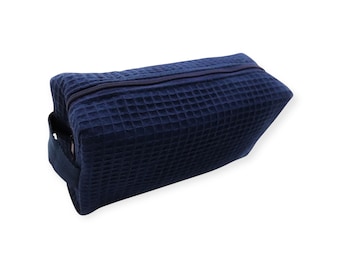 Personalized Navy Small Waffle Weave Cosmetic Bag for Toiletries & Makeup