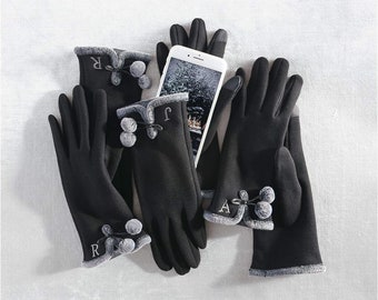 SALE * Personalized Pom Pom Initial Touchscreen Gloves in Black for Women
