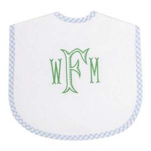May include: White baby bib with a blue and white gingham trim and green embroidered monogram "WFM"
