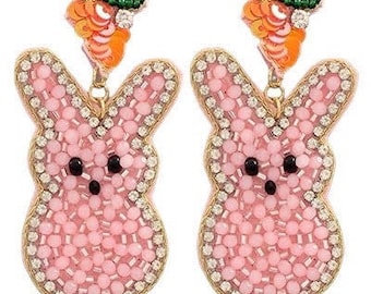 Pink Easter Bunny Beaded Earrings with Carrot