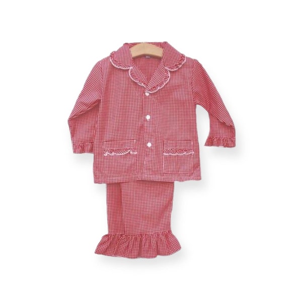 75% OFF * Personalized Girl Red Gingham 2 Piece Ruffle Pajama with White Trim