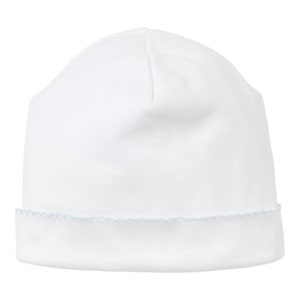May include: A white baby hat with a light blue trim around the edge.