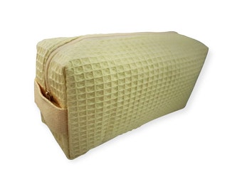 Personalized Lemon Yellow Small Waffle Weave Cosmetic Bag for Toiletries & Makeup