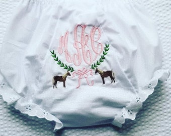 Monogrammed Classic White Eyelet Lace Trim Diaper Cover Bloomers with Bow Wreath Border & Horse Detailing